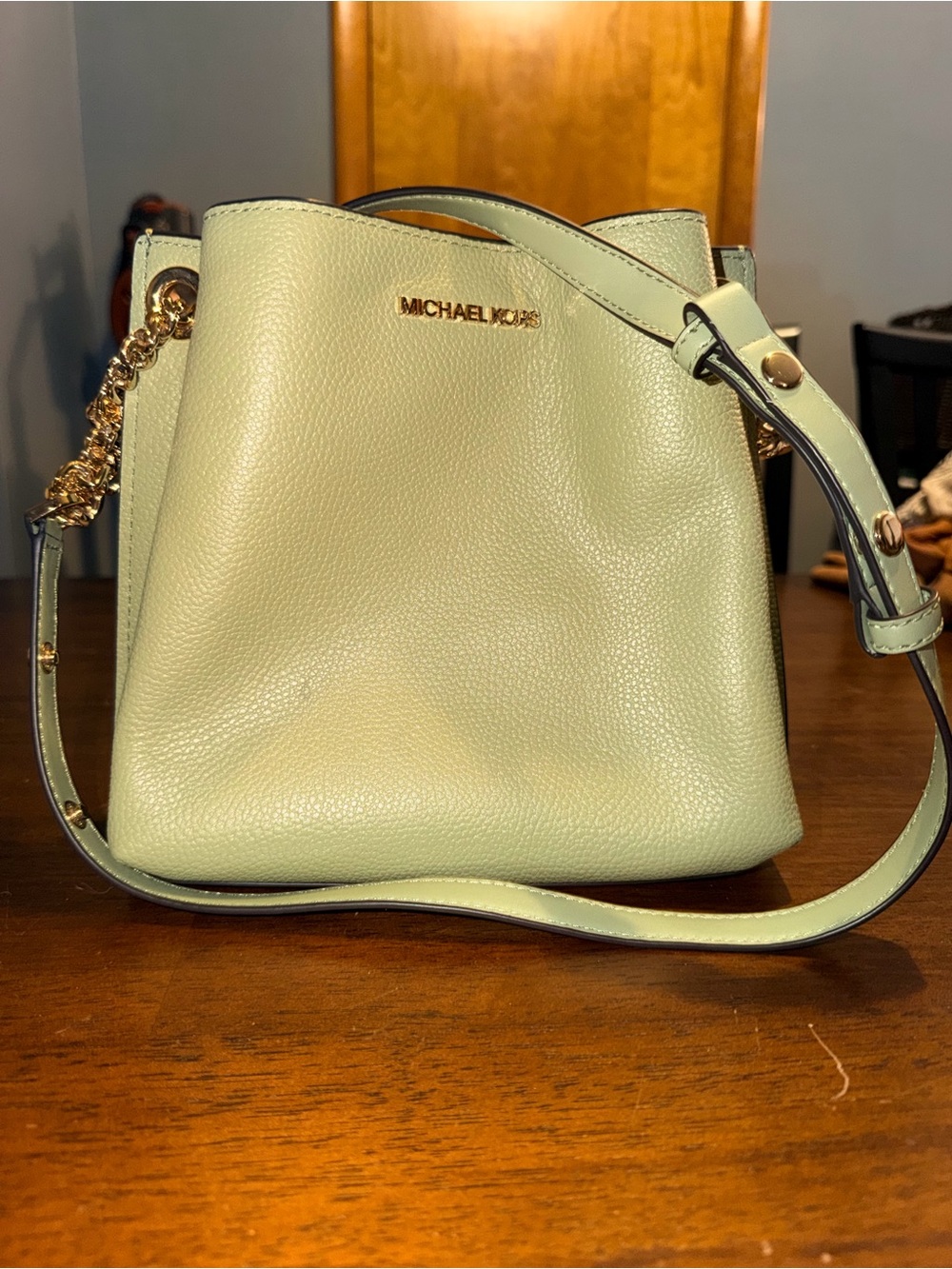Michael Kors Mint Green Pebbled Leather Crossbody with Gold Chain